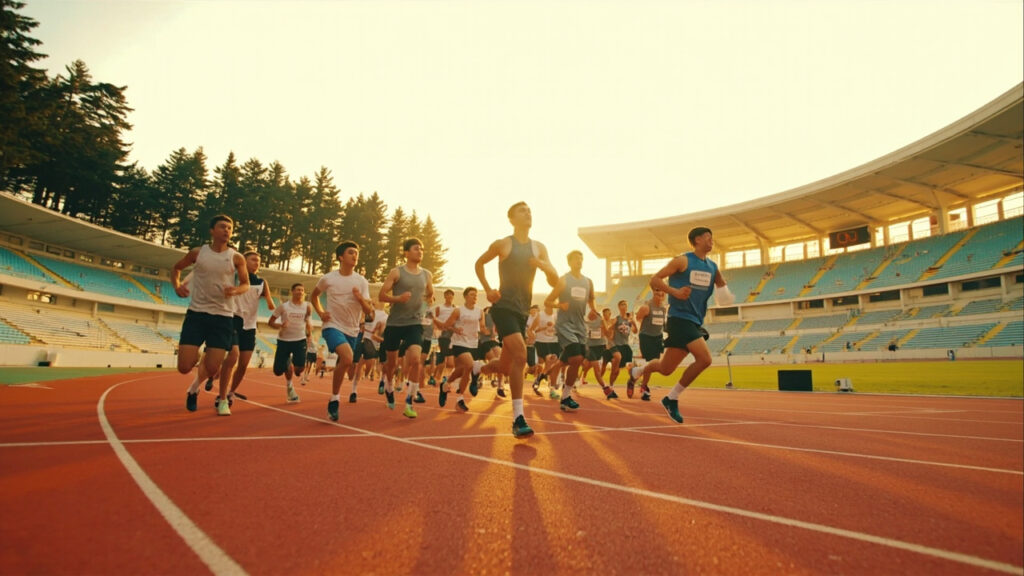 Young distance runners training on a red athletics track at a large stadium under clear morning light.