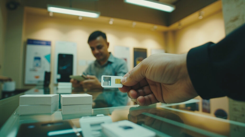 A close-up of hands holding a SIM card and smartphone inside a small mobile phone retail shop.