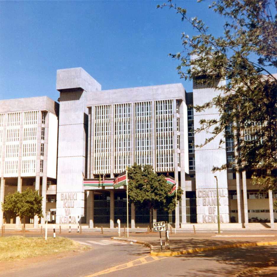 The Central Bank of Kenya headquarters building in Nairobi on a clear day.