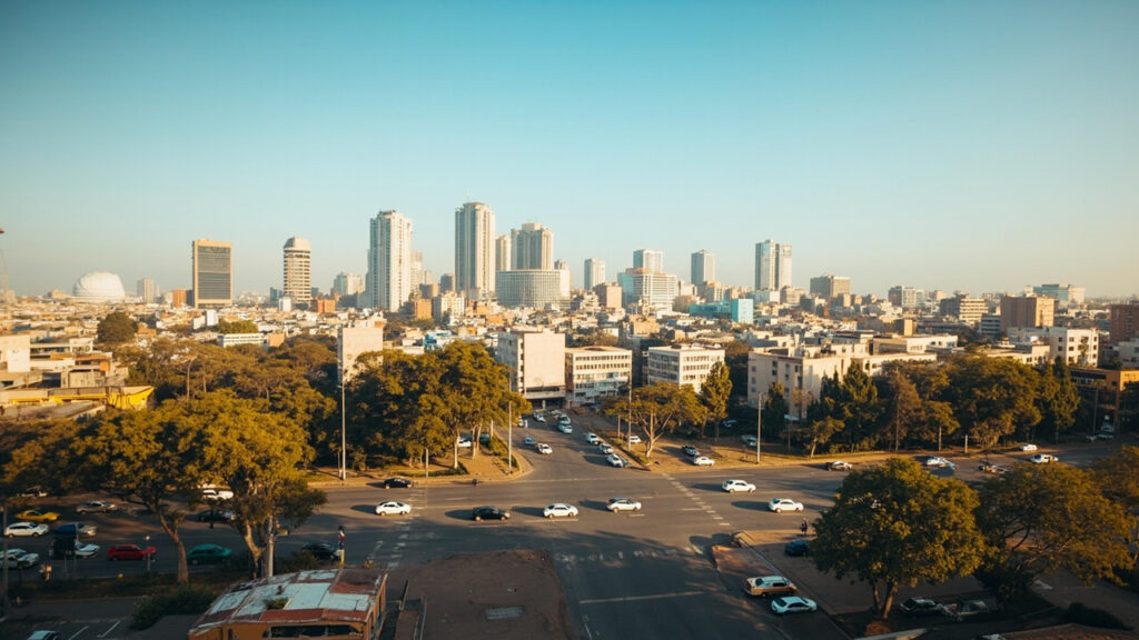 A wide daylight view of an East African capital city skyline with government buildings and busy streets in the foreground.