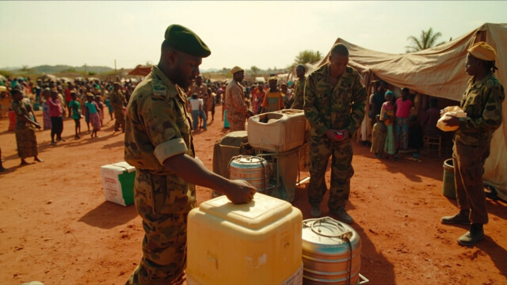 Kenyan soldiers in uniform assist civilians at an outdoor community medical and water aid event in a rural setting.