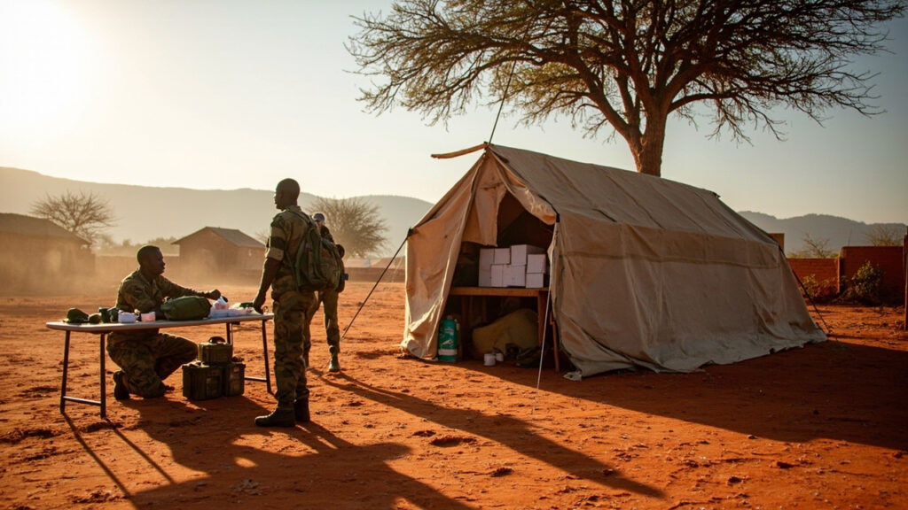 Soldiers in olive-green uniforms setting up a medical outreach tent in a dry rural village, unpacking supplies on a folding table.