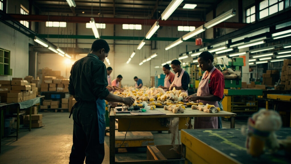 Workers on a factory production line in Kenya assembling products near industrial machinery