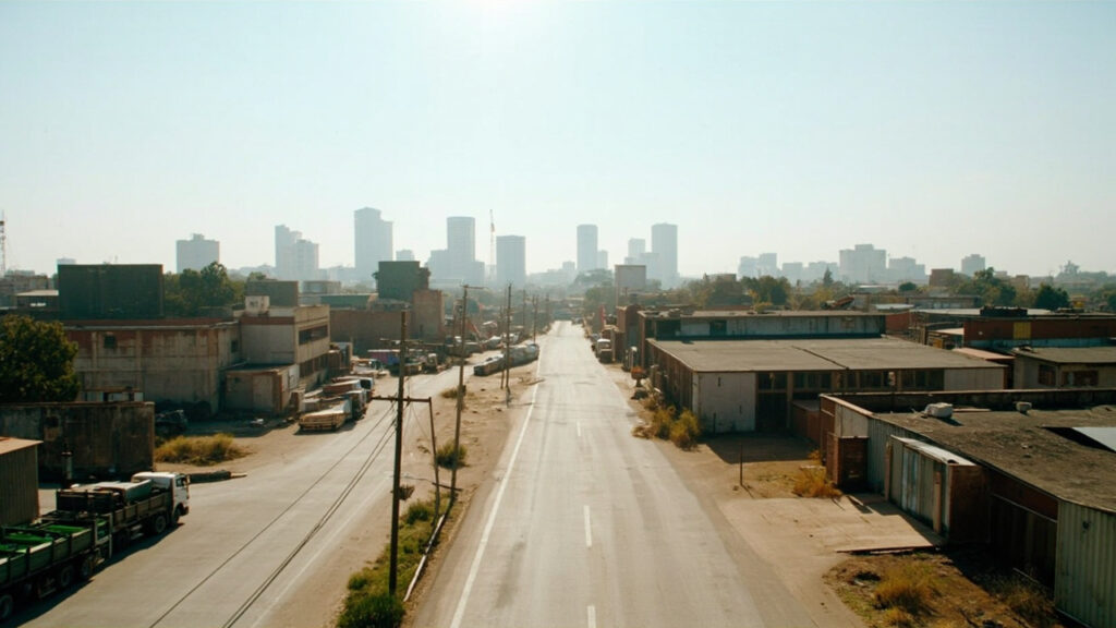 A wide view of Nairobi's industrial district with factory buildings and the city skyline in the background under bright daylight.