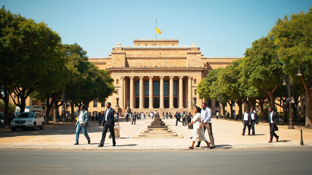 A view of a government building in Nairobi with pedestrians nearby, illustrating Kenya's political centre.