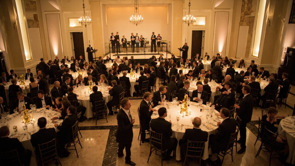 A formal awards banquet with attendees in evening attire seated at decorated tables in a stage-lit ballroom.