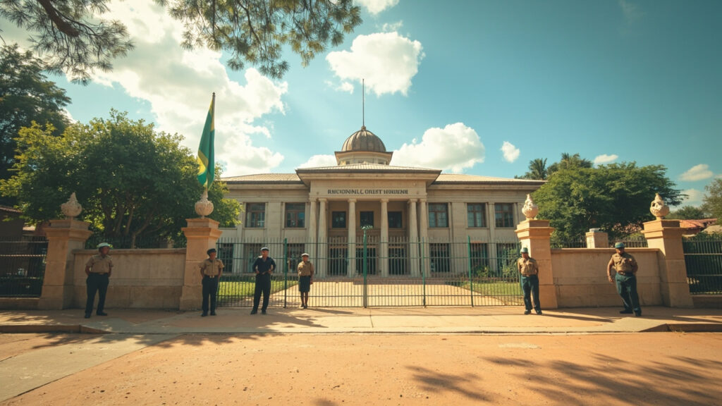 The exterior of a Nigerian state high court building with a signpost and security personnel at the entrance during daytime.