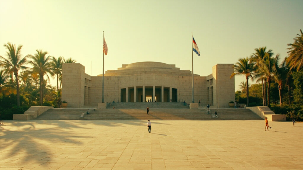 A wide exterior view of a large concrete cultural complex with a distinctive curved facade, surrounded by landscaped grounds and palm trees.