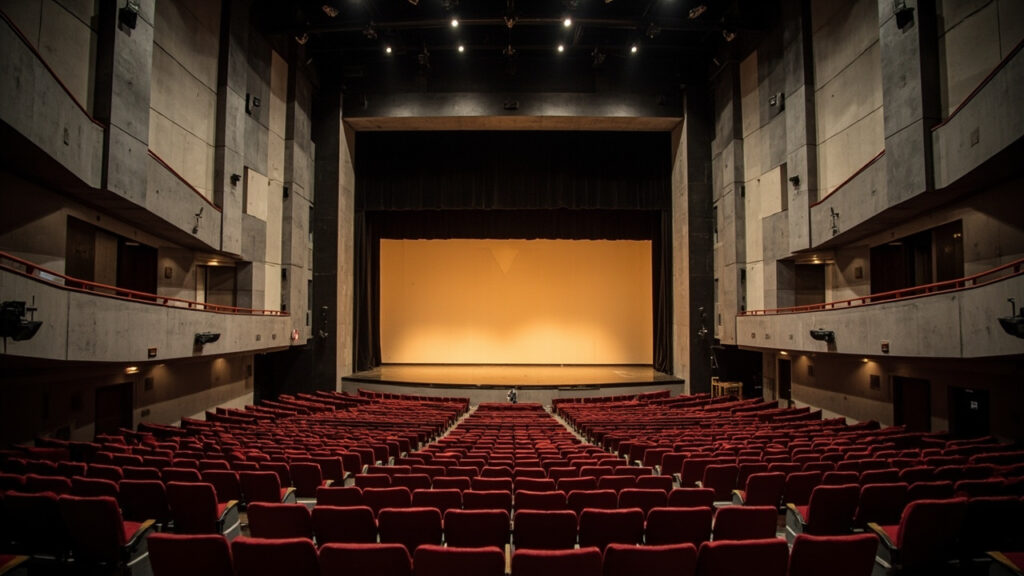 The empty interior of the National Theatre's main auditorium, with stage lighting and tiered seating.