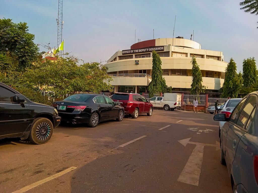 A line of vehicles pulled over at the roadside in Lagos while uniformed officials inspect their number plates and documentation.