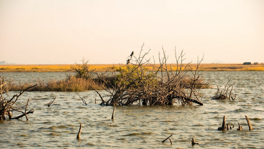 Flooded lakeshore where acacia scrub and bushes are partially submerged, illustrating the vanished buffer between open water and dry land.