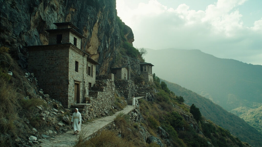 A stone monastery built into a rocky hillside in the Ethiopian highlands, surrounded by steep terrain and overcast skies.
