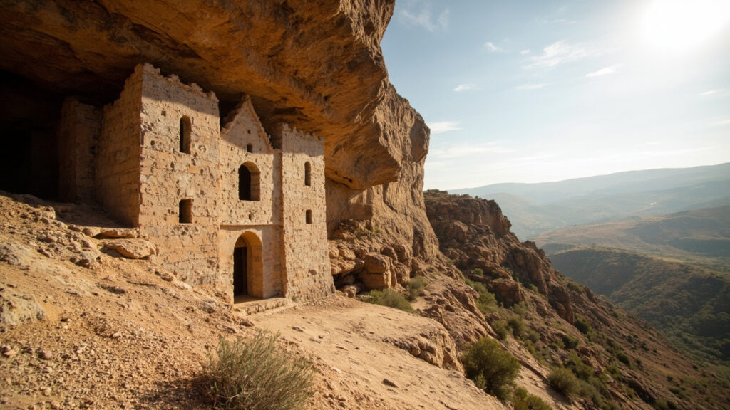 An ancient Ethiopian Orthodox monastery carved directly into a sandstone cliff face in the highlands, with a weathered stone façade and surr