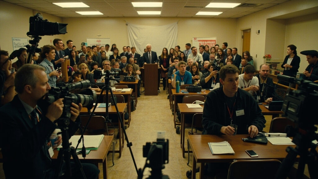 A wide shot of journalists and media professionals seated in a conference room during an emergency meeting, with notebooks and microphones o