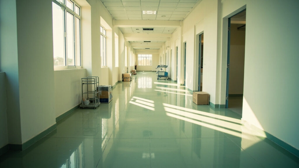 Empty interior corridor of a near-complete hospital with freshly painted walls and tiled floors, medical equipment awaiting installation.