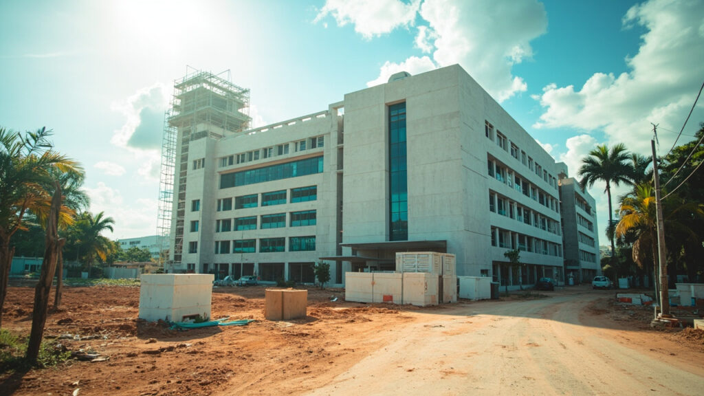 A large modern hospital building nearing completion, surrounded by scaffolding and construction materials, in a suburban Liberian setting.