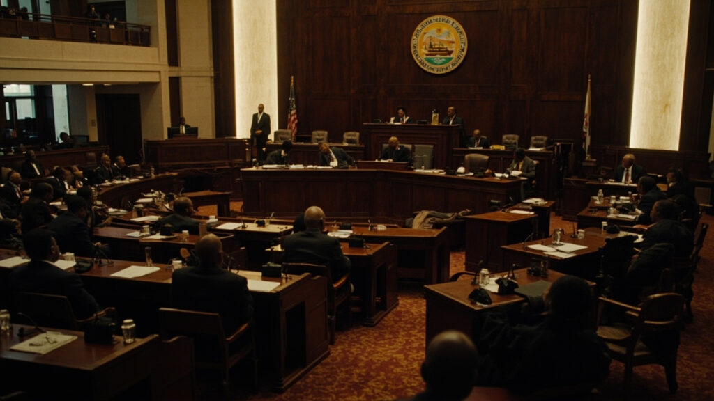 The interior of the Liberian House of Representatives chamber during a legislative session, with members seated at wooden desks.