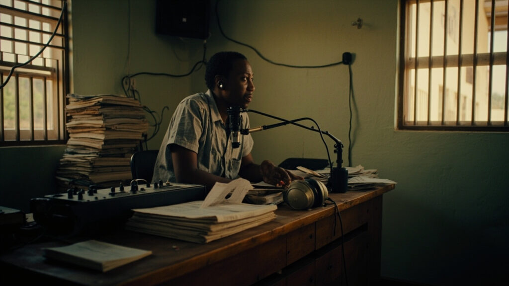 A modest Liberian radio station studio with broadcasting equipment and stacked printed newspapers on a desk.
