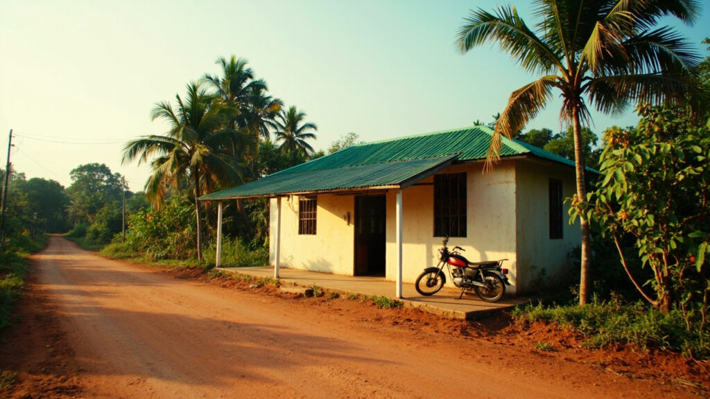 A modest single-story rural clinic building with a corrugated metal roof, situated along a dusty road in Margibi County and surrounded by tr