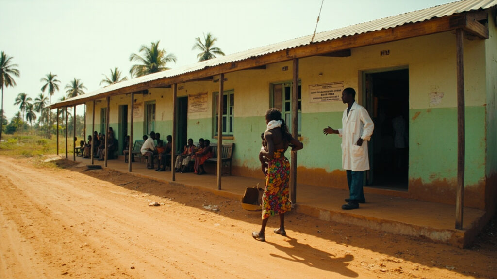 A modest single-story rural health clinic beside a dirt road in tropical West Africa, with a few patients waiting outside under a covered po