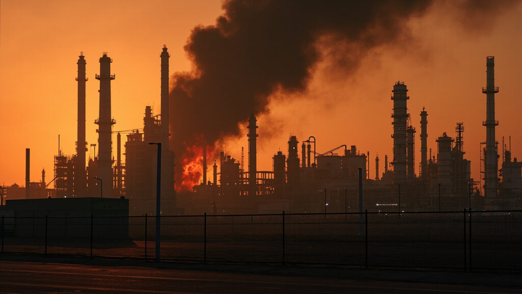An oil refinery with a large fire burning and smoke rising from one section, with industrial towers and storage tanks visible.