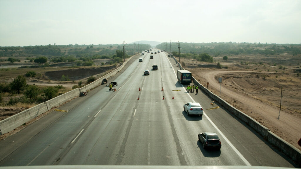 A wide photograph of a two-lane inter-city highway with a bridge crossing, traffic cones, and diverted vehicles at the roadside.