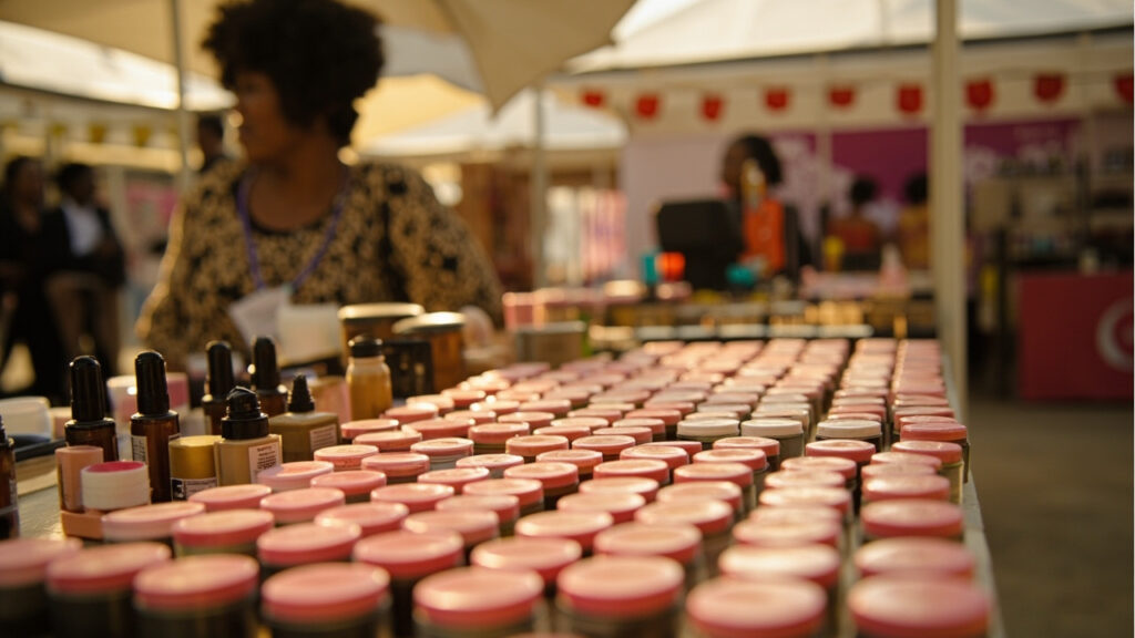 A vendor stall at a Nigerian beauty trade fair displaying locally-made cosmetics products on a table with a figure browsing from behind.