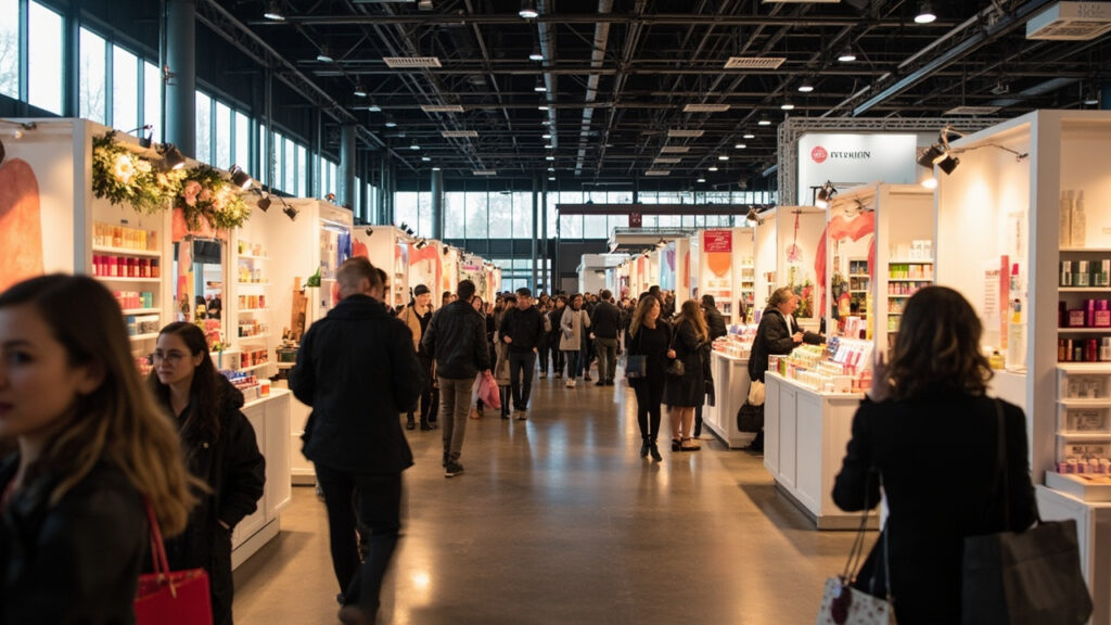 A bustling indoor beauty and cosmetics trade fair with vendor booths displaying makeup products and visitors browsing stalls.