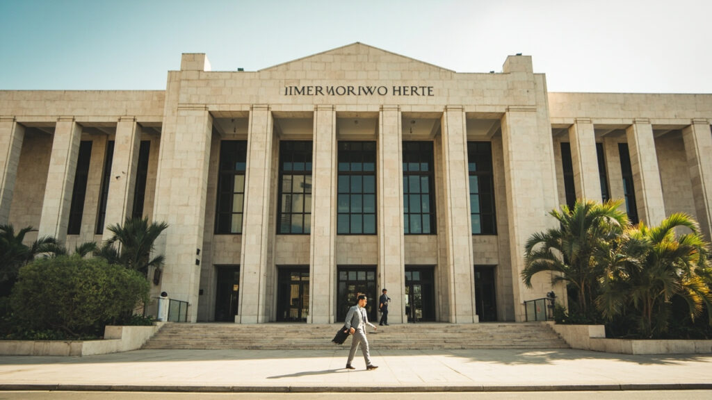 A modern court building exterior in a southern African capital with paved forecourt and entrance steps.