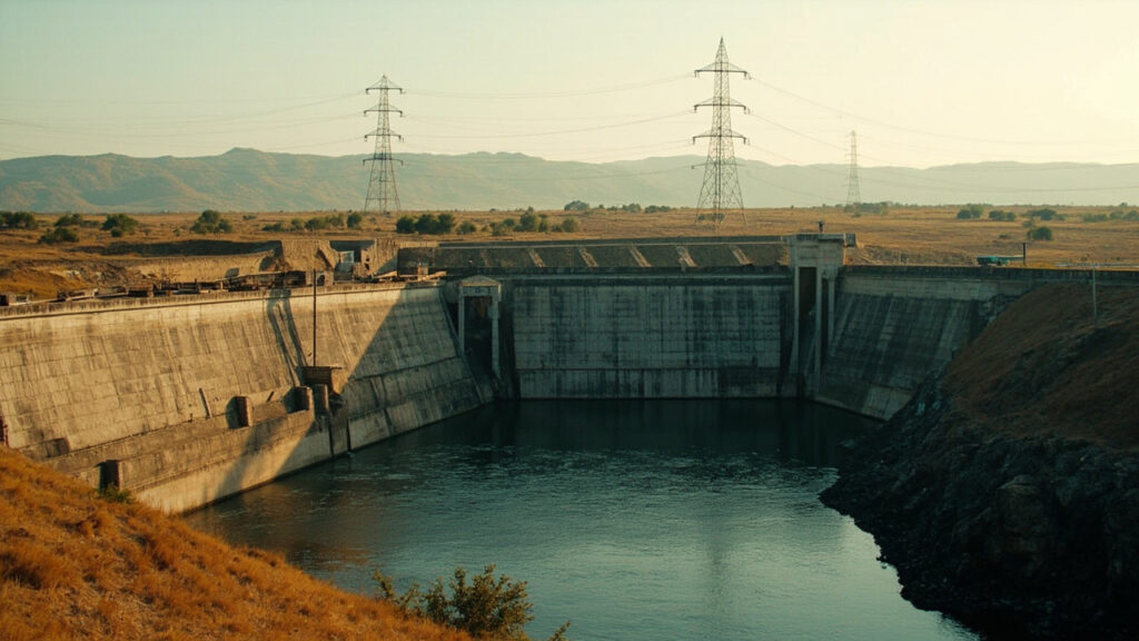 A hydroelectric dam structure on a river with associated transmission infrastructure and power lines stretching across a rural landscape.