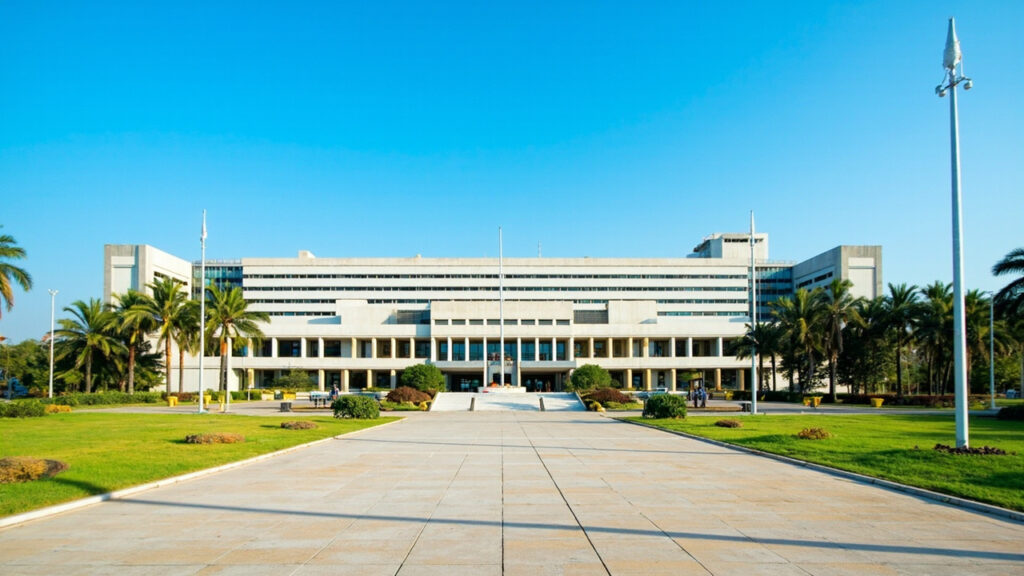 Exterior view of Malawi's National Assembly building in Lilongwe, with flagpole and grounds