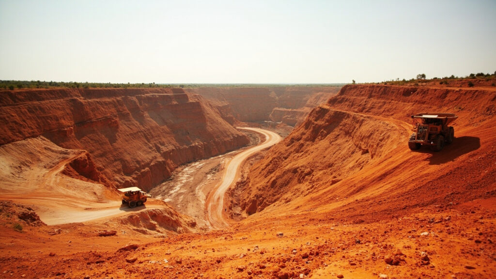 A wide view of an open-pit mine with terraced excavations in reddish earth and earth-moving machinery operating on the lower benches.