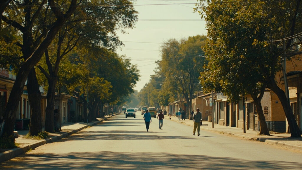 A street scene in a southern African capital with low-rise buildings, trees, and pedestrians on a paved road.