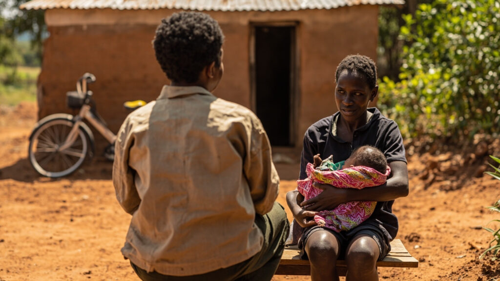 A community health worker visits a mother and her infant at their rural home as part of a door-to-door HIV follow-up programme.