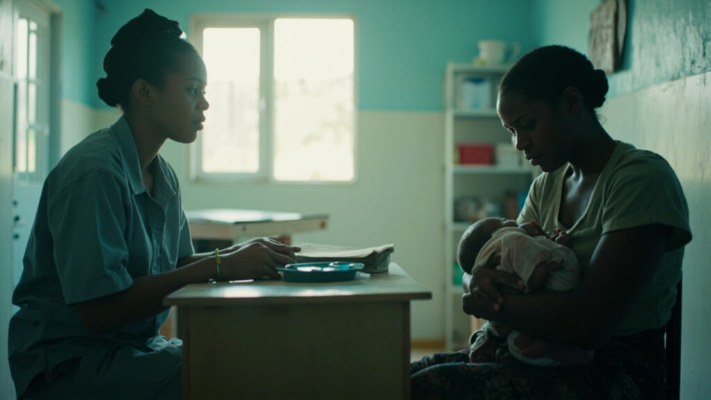 A health worker in a light clinic room counsels a mother holding an infant during a routine postnatal visit.