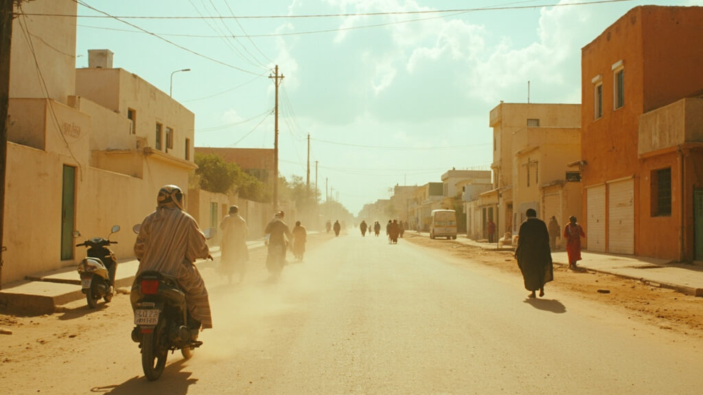 A wide daytime view of Bamako's urban centre, with low-rise buildings lining a busy street under a bright Sahel sky.