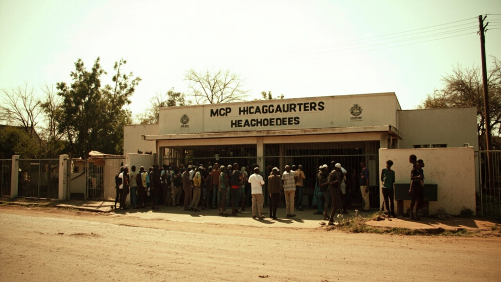 A group of people gathered outside the gates of a political party headquarters in an African capital, attempting to block access to the buil