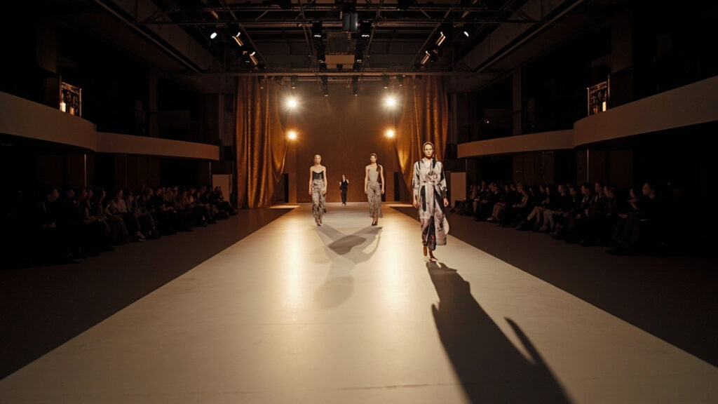 A fashion runway with a singer performing at the far end, models in varied outfits, and an audience seated under bright event lighting.