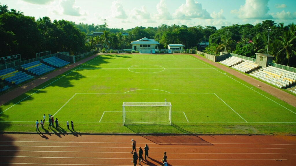 An outdoor football pitch inside a fenced sports complex with goalposts, surrounded by stands and trees under bright tropical sunlight.
