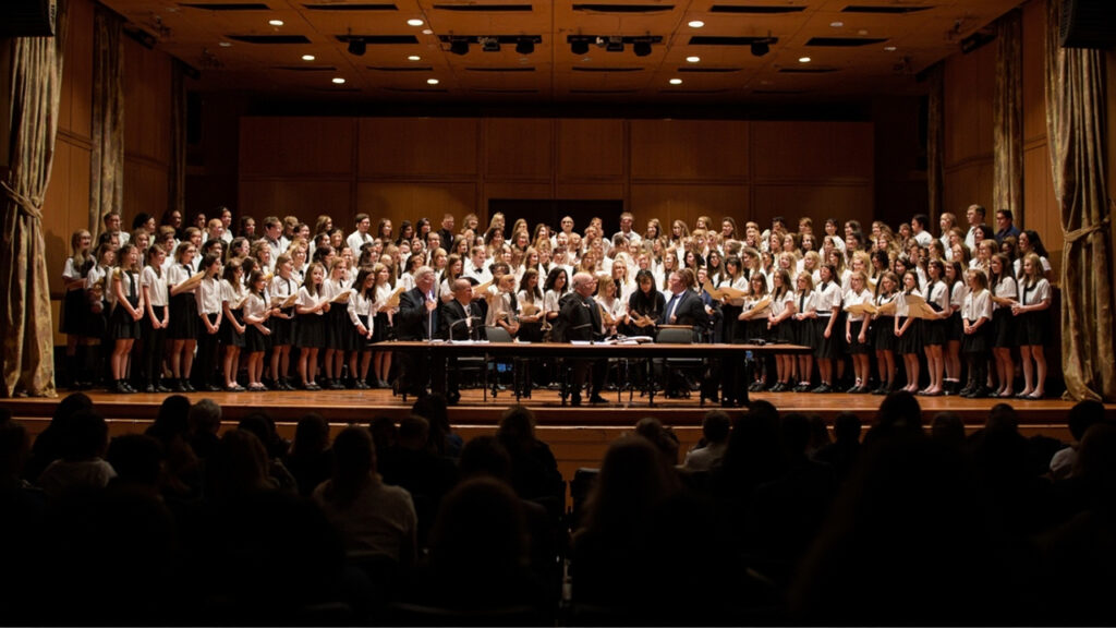 A school choir performs on stage at a music festival, with judges seated at a table in front of the performers.