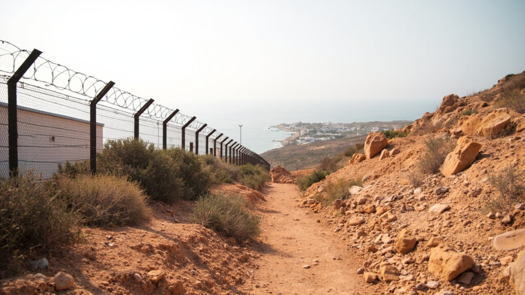 A view of the fortified boundary fence separating Spain's Ceuta enclave from surrounding Moroccan territory along the Mediterranean coast.