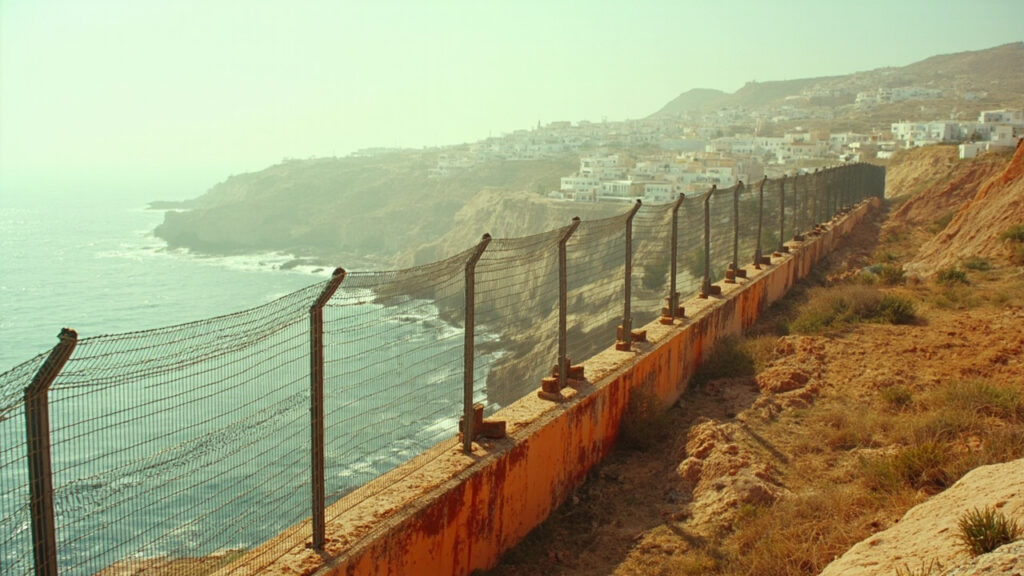 A panoramic view of the Spanish enclave of Ceuta on the North African coast, with the fortified border fence separating the city from surrou
