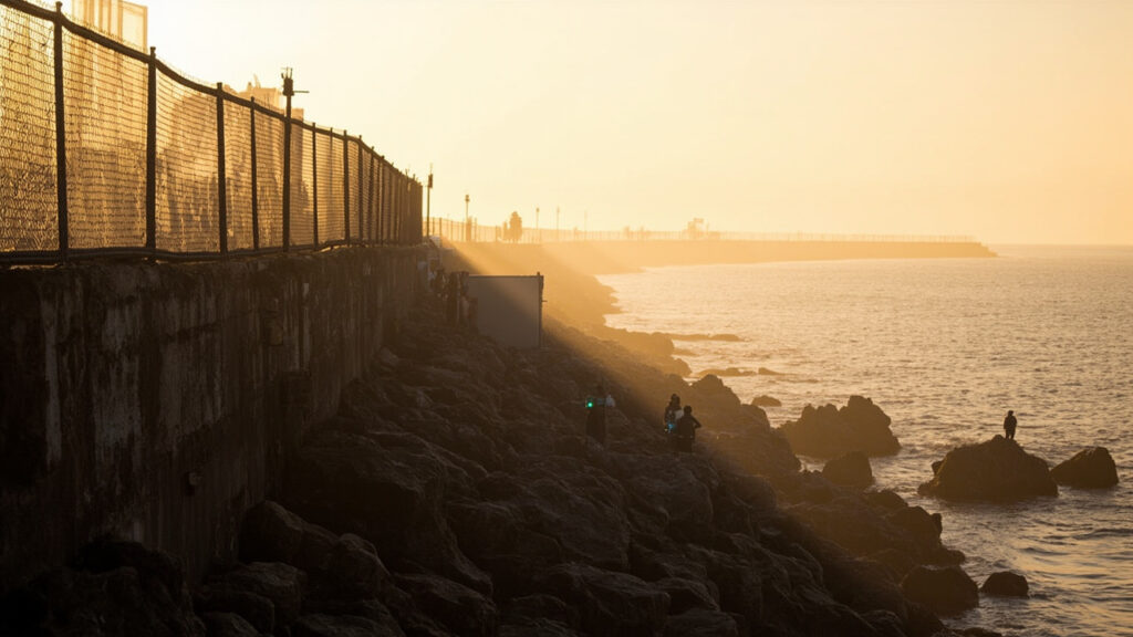 A coastal border area where fortified perimeter fencing meets the Mediterranean Sea along the shoreline of North Africa at dusk.