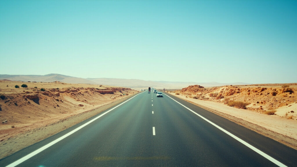 A modern multi-lane highway in a sunlit North African setting, with arid terrain, sparse vegetation, and a few vehicles in the distance.