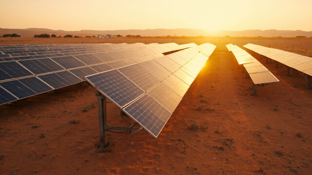 A solar energy installation in a Moroccan desert landscape at golden hour.