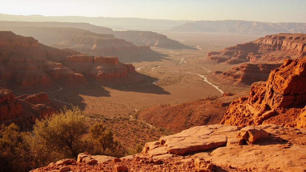 Rugged arid mountain landscape in Morocco with mineral-rich rocky terrain under warm light.
