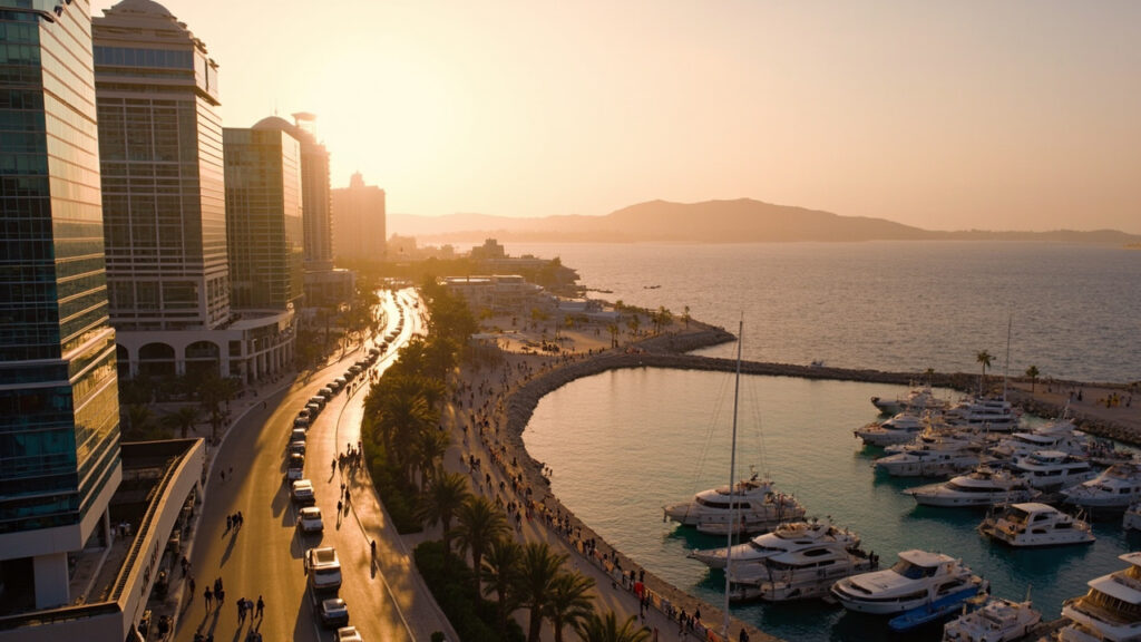 A panoramic view of a modern North African coastal metropolis at golden hour, with glass towers, a palm-lined waterfront promenade and the A