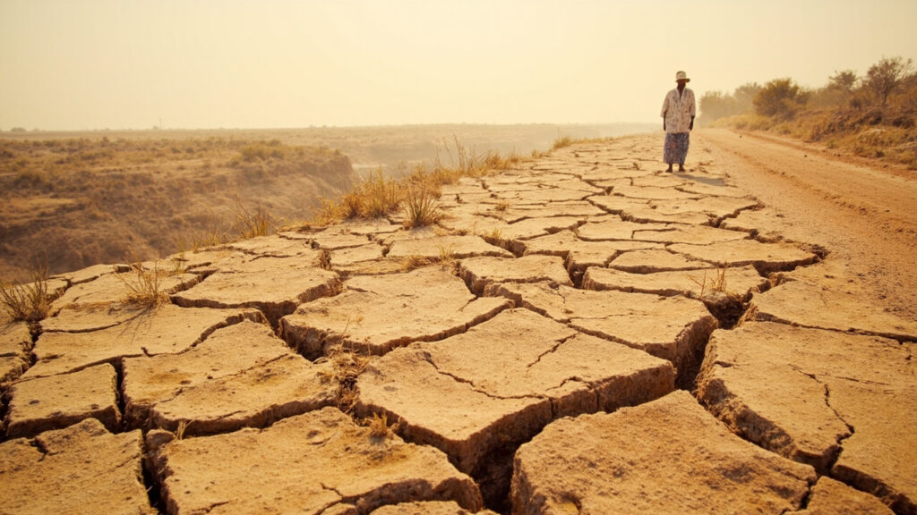 Cracked, parched earth stretches across an arid landscape with sparse dried vegetation under hazy sunlight.