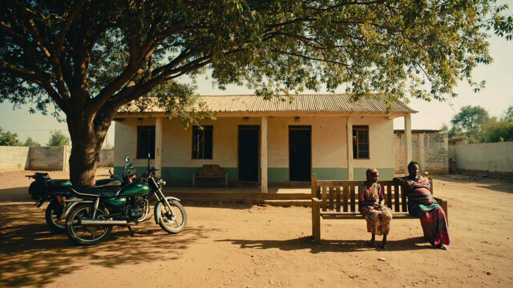 A rural health centre in eastern Uganda with a covered veranda, motorbikes parked outside under a broad tree, expectant mothers sitting in t