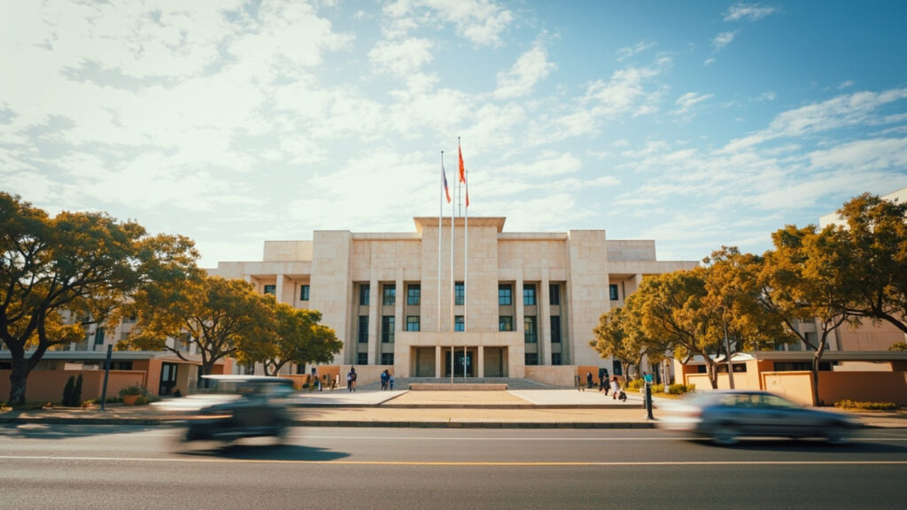 Wide exterior view of a modern African government administrative building with a paved plaza, flagpoles, and passing traffic on an adjacent